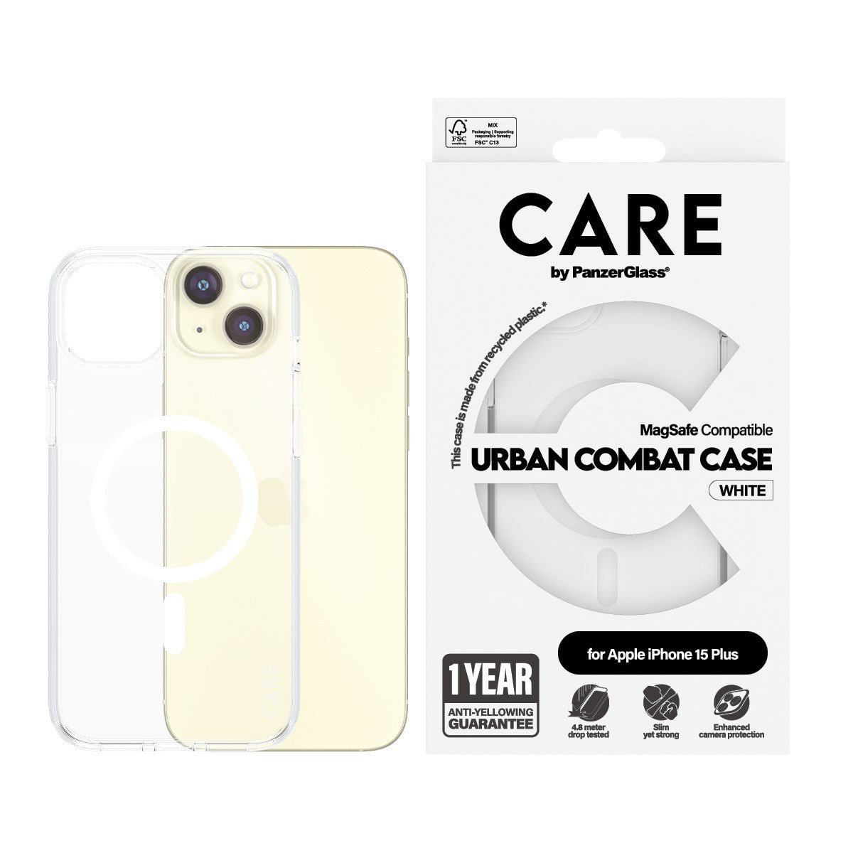 CARE by PanzerGlass® Urban Combat Case Transparent w. White MagSafe iPhone 15 Plus